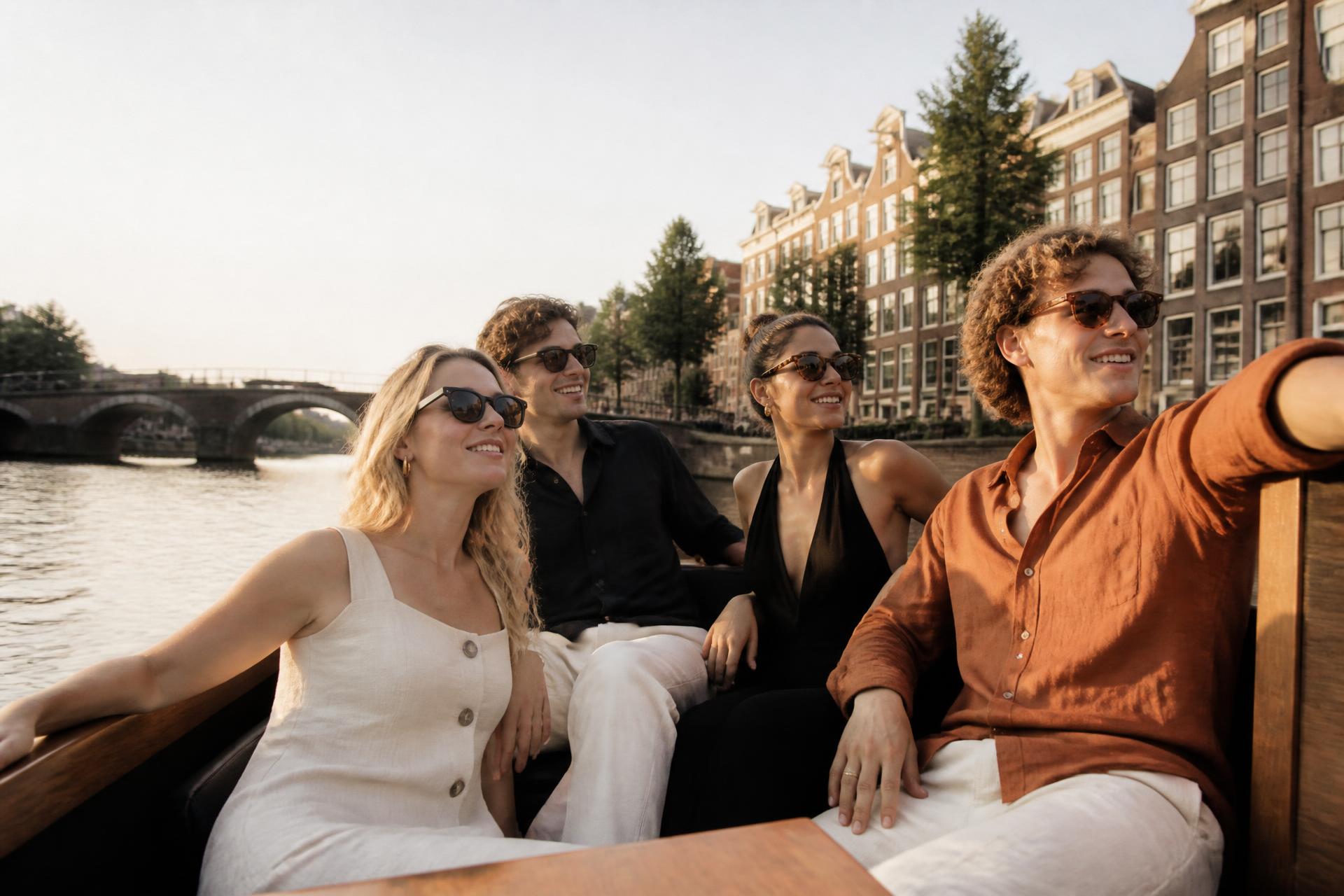 Vrienden met zonnebrillen op een sloep in een Amsterdamse gracht bij avondzon