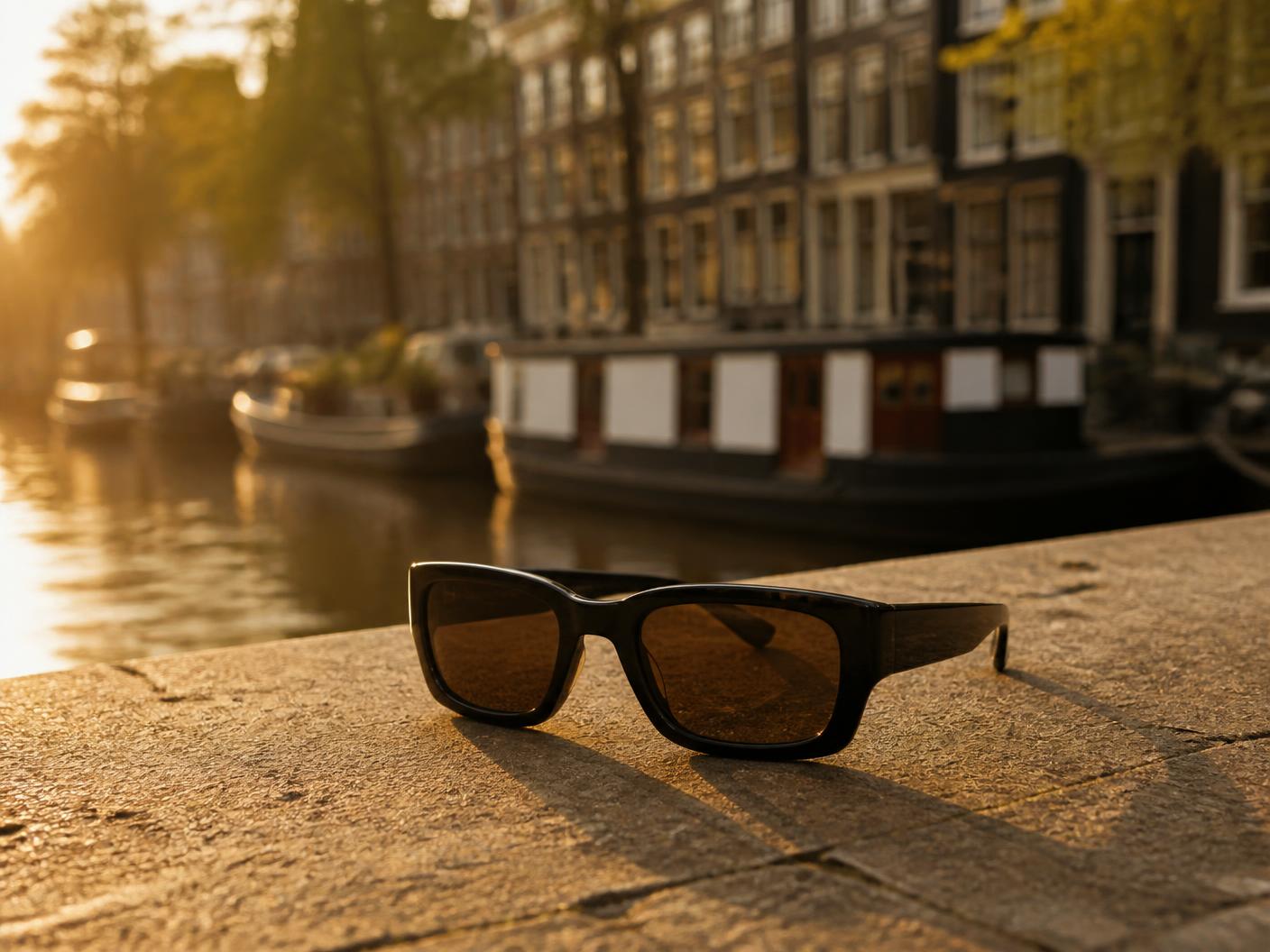 Zwarte zonnebril op een stenen kade met een Amsterdamse gracht op de achtergrond