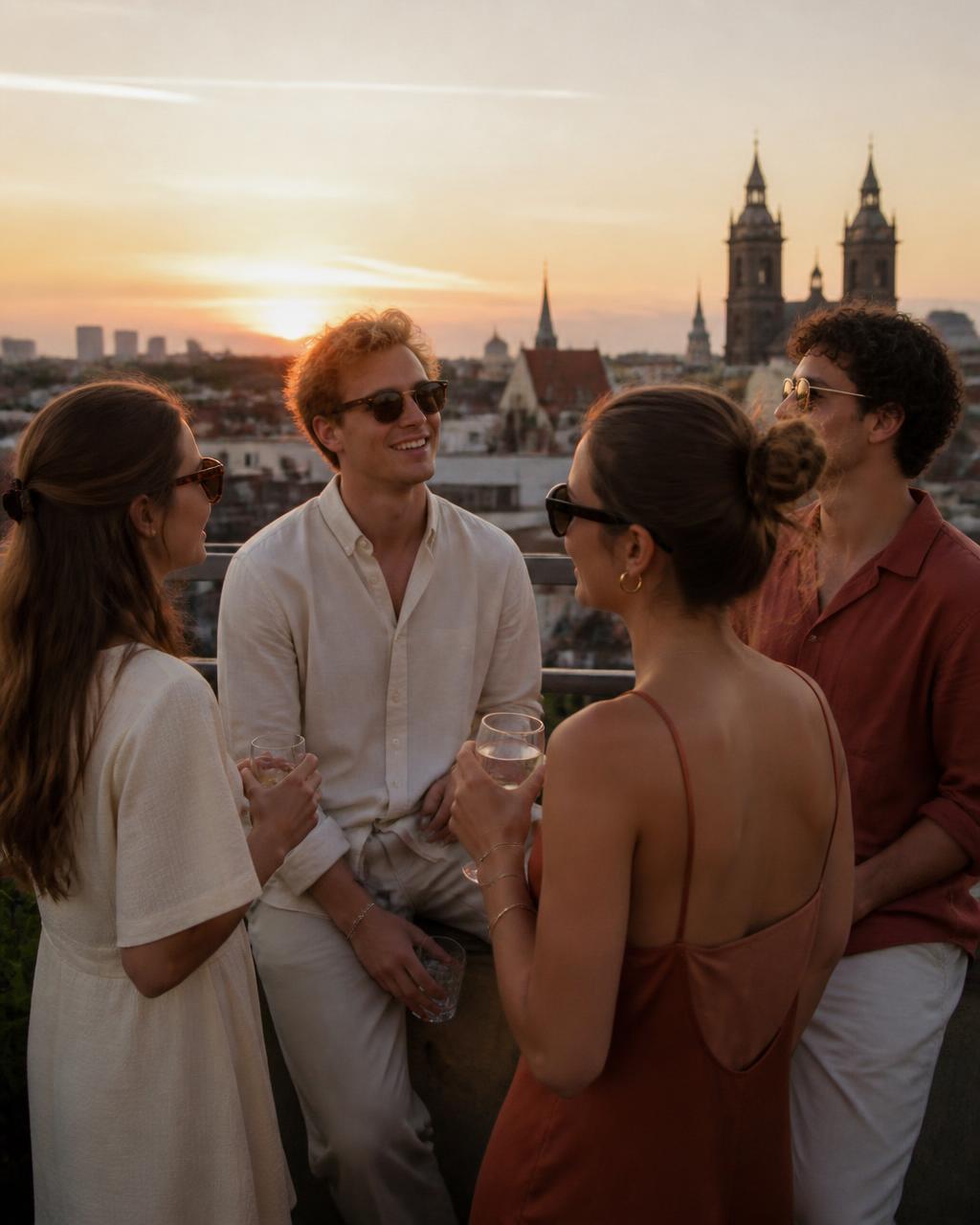 Vrienden met drankjes op een Amsterdams dakterras bij zonsondergang
