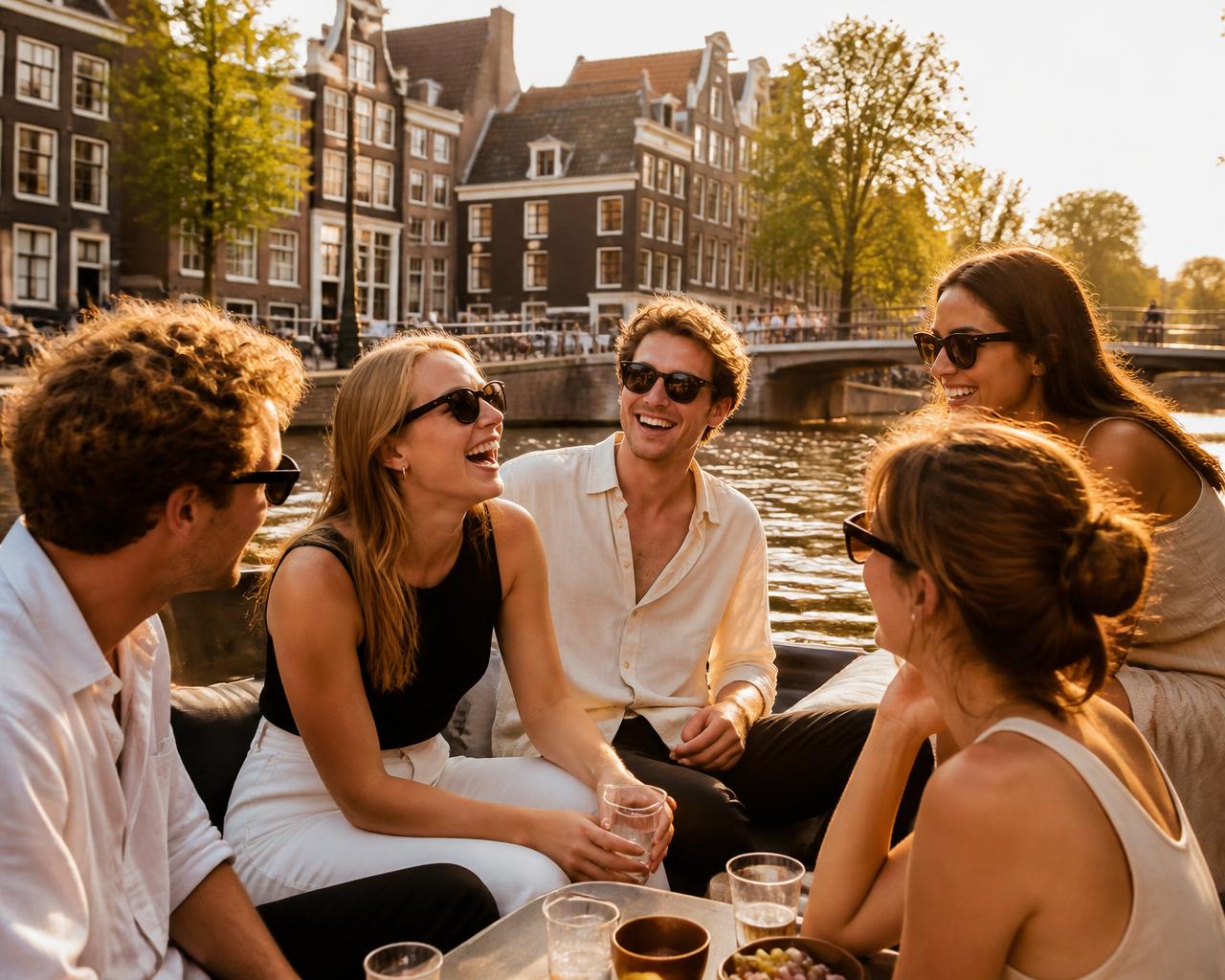 Vrienden met zonnebrillen op een sloep in een Amsterdamse gracht